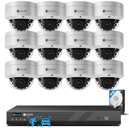 4COVR 4K Überwachungskamera Aussen Set, mit 4TB HDD, DLY54AX8M1612 | 12×8MP PoE IK10 Vandalensicheren Dome IP Kameras IP67, KI Personen-/Fahrzeugerkennung, 24/7 Aufzeichnung, 16-Kanal NVR