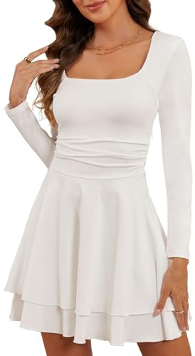 CheChury Party Dresses for Women Long Sleeve Mini Dress Square Neck High Waist Ruched A Line Swing Dress Skater Casual Bodycon Clubbing Outfits Party Wear Going Out Dresses for Women,White,S