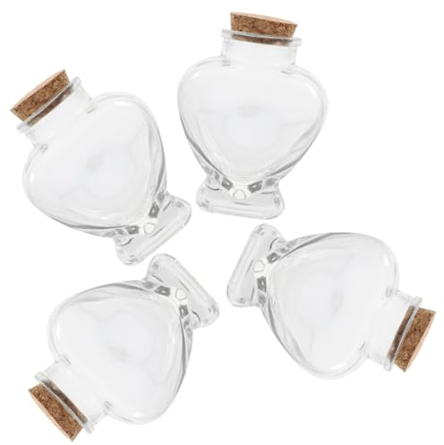 DECOMELODY Bouteilles en Verre de Cœur 4 Pièces avec Bouchon | 160ml, Verre et Bois, Décoratives et Faciles à Emporter, pour Souvenirs de et Loisirs Créatifs