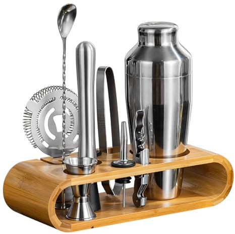 9-delad bartendersats med bambustativhållare: hem & bar cocktail shaker set för bartendertillbehör (M)