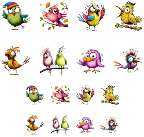 ANATTASOUL 16Pcs Lustiger Vogel Bügelbilder Für Textilien für Kleidung | 6.5 x 8 CM/18 x 22 CM Schnell & Einfach Bügelbild DIY Sticker zum Aufbügeln Bügelbilder Erwachsene für Hosen, Hüte, Taschen