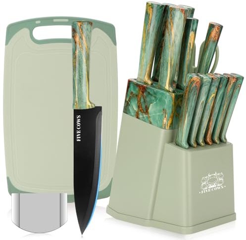FIVE COWS Couteau Cuisine, 16 pièces, Bloc couteaux de cuisine avec Affûteur Intégré, avec planche a decouper, ciseaux de cuisine et couteaux de chef, Couteaux et Ustensiles de Cuisine(Vert)