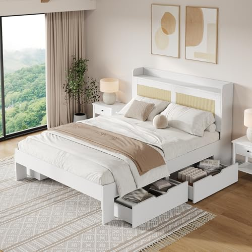 Generisch Massivholz-Doppelbett 140x200 cm mit Rattan-Dekor & 4 Schubladen – Stauraumbett in Weiß, Ohne Matratze