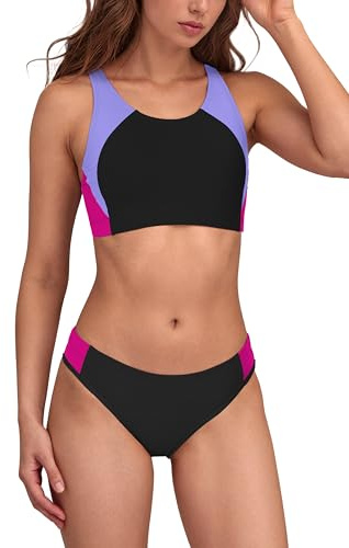 Period Swimwear Two Piece Menstrual Bikini Sets Swimsuit Leakproof Color Block Swimming Costume Bathing Suit for Teen Girls M Purple