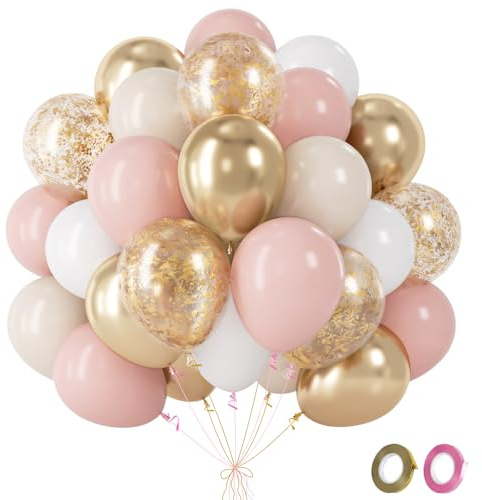 Luftballons Rosa Weiß Gold - 60Pcs Macaron Ballons Mit Metallic Konfetti Balloons, rosa Beige Luftballons Für Mädchen, Helium Ballon Für Geburtstag Boho Hochzeit Babyparty Gender Reveal Party Deko