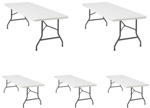 Pack 5 Mesas Plegables 180cm Jardín Catering Blanca - Mesa Rectangular Tipo Maleta Exterior Interior - Estructura Acero y Tablero HDPE Alta Resistencia - Portátil Camping Eventos - No Requiere Montaje