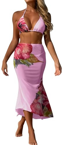 Ausing Women 3 Piece Bikini Sets with Long Skirt Halter Bikini Top Sexy Triangle Bikini Bottoms Beach Swimsuit Swimwear S-L