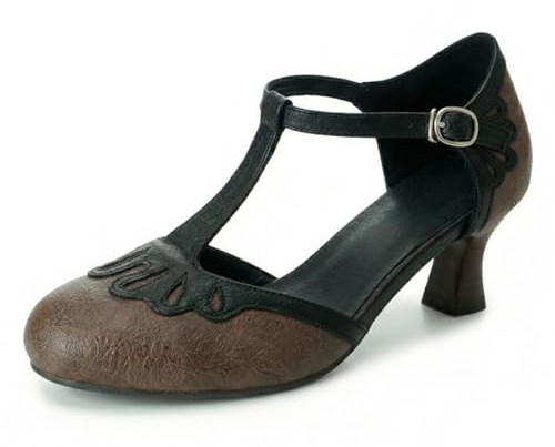 Vintage Mary Jane-pumps med T-rem kattunge häl runda tår tvåfärgad brogue cutout kvällsskor retro spectator court klackar för fest och vintage outfit, BRUN, 41 EU