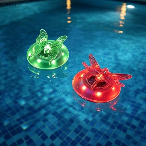 YOFHPT 2pcs Solar Pool Lights Floating, Floating Pond Lights Solar Powered, Butterfly & Dragonfly Design, Colour Changing, Waterproof So-lar Powered Glow Lig-hts for Garden Yard