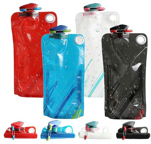 SSJkeji 4-Pack 1000ml Foldable Collapsible Water Bottle – Reusable BPA Free Flexible Drink Pouch with Clip, Leakproof Sports Bottle for Outdoor Travel, Hiking, Biking, Running & Gym