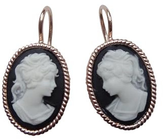 Schwarze Gemmen-Ohrringe hübsche Frauen-Büste Brisur Klappbügel Sterling-Silber rot-vergoldet 18 Karat Vintage Retro Geschenk alt-modisch edel Italien