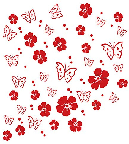 kleb-Drauf | 19 Blüten, 19 Schmetterlinge und 42 Punkte | Rot - matt | Autoaufkleber Autosticker Decal Aufkleber Sticker | Auto Car Motorrad Fahrrad Roller Bike | Deko Tuning Stickerbomb Styling