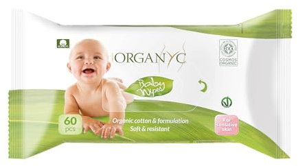Organyc 100% Bio-Baumwoll-Babyfeuchttücher, Kamille, für empfindliche Haut, dermatologisch getestet, mit Vitamin E, weich & sanft, 60 Stück