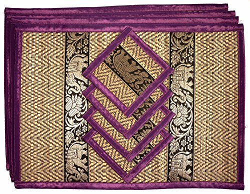 Cccollections Hand-Woven Table Placemats & Coasters Set for Everyday Dining | Thai Style Wicker Placemats Alternative to Plastic Heat Resistant - 4 Pcs