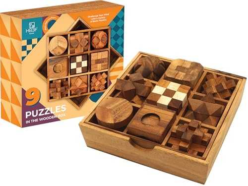 BSIRI Holzpuzzle Set 9 Stück – Knobelspiele & Logikspiele, IQ Spiele und Geduldspiele, 3D Denkspiele Geschenkidee für Erwachsene & Kinder, Holzspielzeug mit Schlangenwürfel Puzzle und Sternwürfel
