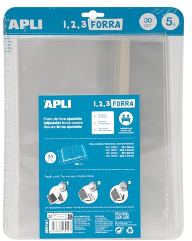 APLI 16914 - Forro de libros con solapa ajustable de polipropileno. Medida 30 x 53 cm, 75 µ. Pack de 5 u.