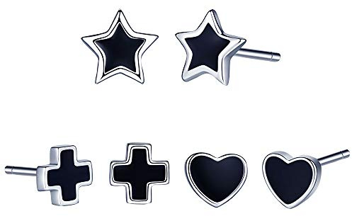 Yumilok 925 silber Damen Ohrstecker Ohrringe Ohrschmuck Set Basic 3 Paar in Herz Stern Kreu Schwarz für Frauen Männer Herren