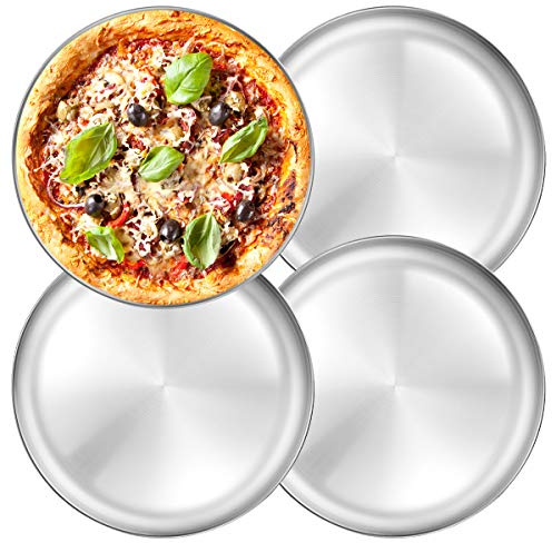 Deedro Pizzablech aus Edelstahl, 34,5 cm, rund, 4 Stück | Gesunde Pizzateller, Pizza-Backblech, Crisper Pan zum Backen & Servieren, stabil, wiederverwendbar, spülmaschinenfest