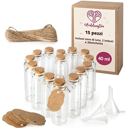WeddingTree 15x Mini Glasflaschen mit Korken 40ml - Kleine Glasflaschen zum Befüllen - Reagenzglas mit Korken Glas für Hochzeit - Gewürzgläser klein - Mini Gläser mit Korken als Gastgeschenke Hochzeit