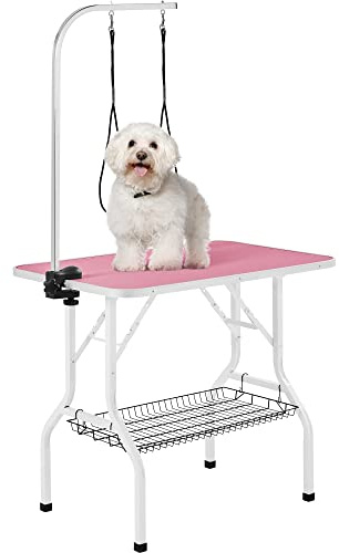 Yaheetech 36 Foldable Dog Grooming Table Height Adjustable w/Shelf Pink