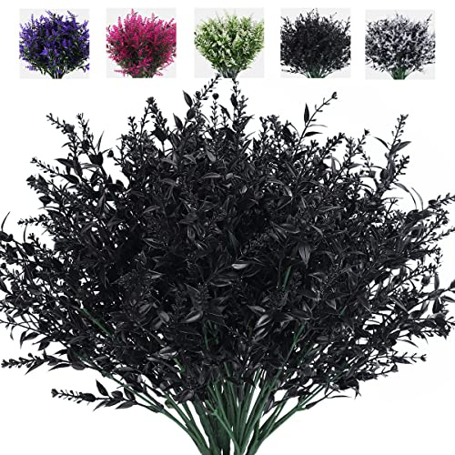 RECUTMS Black Artificial Flowers Outdoor Fake Plants Artificial Fake Flower | Faux Outdoor Black Plastic Foliage 8Pcs UV Resistant Shrubs No Fade Faux Plastic Plants Garden Porch Window Halloween Decor