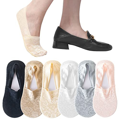 TAGVO 6 Paar Damen Füßlinge mit Spitze, Low Cut Unsichtbare Socken mit Rutschfest Silikon, Weiche Atmungsaktive Bootssocken für Loafer Sneakers Flats Bootsschuhe