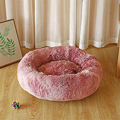 Lukery Hundebett Katzenbett Flauschig Rund aus Plüsch, Kuscheliges Donut Hundekissen und Katzenkissen Weiches Plüsch Hundeliege für Kleine, Mittelgroße und Große Haustiere (70CM,Leder rosa)