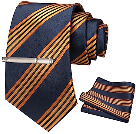JEMYGINS Herren Gestreifte Krawatte mit Stickerei inklusive Taschentuch und Krawattenklammer Set Marineblau-goldener Streifen