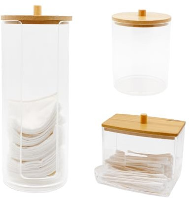 3 contenitori per batuffolo di cotone e dispenser per dischetti di cotone e cilindro multiuso con coperchi in bambù, scatola trasparente per bastoncini di cotone, palline di cotone