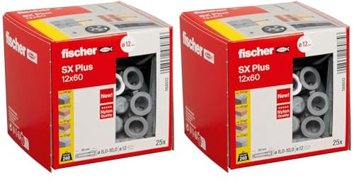 fischer Spreizdübel SX Plus 12 x 60, Schachtel mit 25 Nylondübeln, Dübel für optimalen Halt bei Befestigungen in Beton, Vollziegel, Porenbeton, Hochlochziegel uvm. (Packung mit 2)