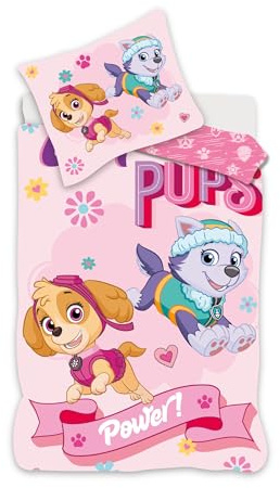 PAW PATROL Bettwäsche für kleines Bett, wendbarer Bettbezug 100 x 135 cm + Kissenbezug 40 x 60 cm, 100 % Baumwolle, mit Stella und Everest (Rosa) | Wendbare Baby-Bettwäsche | Naturbaumwolle weich atmungsaktiv | Nickelodeon | Mädchen 0-3 | Kinderbett | Maschinenwaschbar