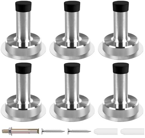 5CM Door Stop Chrome Door Stoppers for Skirtings Self Adhesive Door Stops Wall Mounted Doorstops Stainless Steel Doorstop with Black Rubber Sound Dampening Door Bumper, 6 Pack