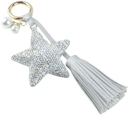 NLYNX Glitzernder Kristall-Strass-Pentagramm-Schlüsselanhänger, modische Quaste, Perlen-Schlüsselanhänger für Frauen, Autoschlüssel, Taschenanhänger, silber, One size