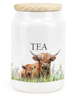 Purely Home Highland Cow Ceramic Tea Storage Canister - Mum & Calf Farmyard Kitchen Food Storage Container & Wooden Lid 600ml (14.5cm x 9.5cm)