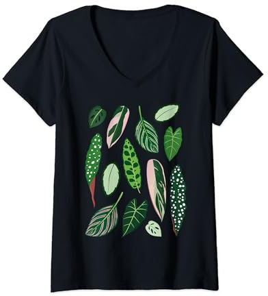 Damen Illustration Zimmerpflanzen Calathea, Begonie und Alocasia T-Shirt mit V-Ausschnitt