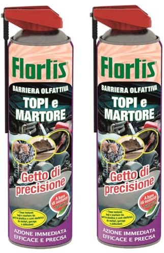 Flortis Barriera topi e martore spray. Pack da 2 Spray 600ml. Barriera olfattiva e getto di precisione. Dissuasori per topi ad azione immediata. Repellente topi naturale. Repellente topi interno/auto