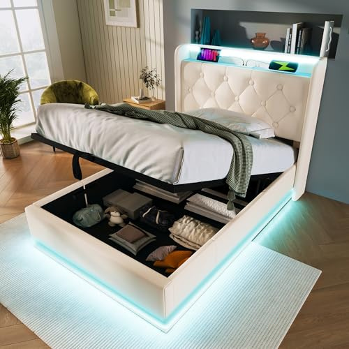 Polsterbett Einzelbett 90x200, LED Jugendbett Hydraulisch Stauraumbett Funktionsbett Bettgestell mit Stauraum & Lattenrost, Kopfteil mit USB Typ-C Ladefunktion & Staufach, PU, Ohne Matratze, Weiß