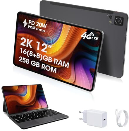 CWOWDEFU Android-Tablet, 12‘ 4G LTE Tablet, Tastaturhülle geliefert, verfügt über 256 GB ROM, PD 20W 8000 mAh-Akku, 2K-Bildschirm, 16(8+8) GB RAM, komplett aus Metall gefertigtes Gehäuse