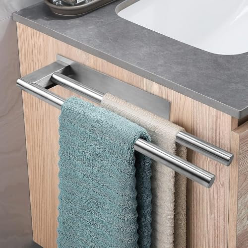 KLYKLL Handtuchhalter ohne Bohren Doppelt Handtuchstange 304 Edelstahl Selbstklebend Handtuchhalterung zum Kleben Zweiarmig Silber 39cm Badetuchhalter mit 4 STK Kleine Handtuchhalter für Bad Küche
