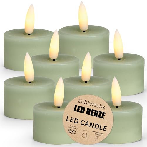 matches21 HOME & HOBBY LED Teelichter 8er Set aus Wachs mit Timerfunktion - Kerze realistisch flackernde Flamme warmweiß Ø 4,5 x 2,5 cm - Elektrische Wachskerze in Salbeigrün als gemütliche Tischdeko
