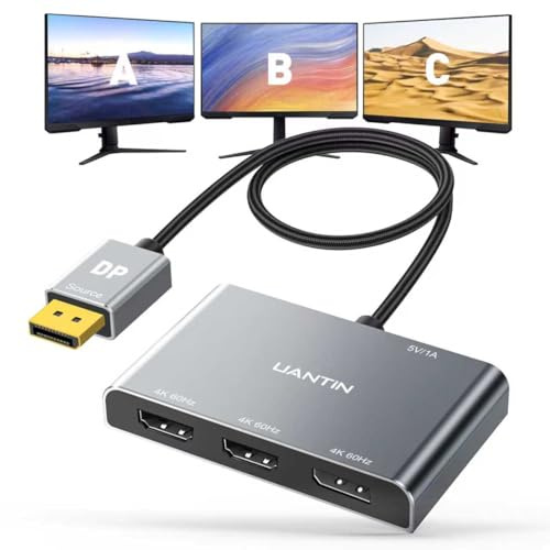 UANTIN DisplayPort to Dual HDMI with DP Splitter for 3 Monitors, 4K@60Hz | Extended Display Adapter 1 in 3 Out MST Hub for Multiple Monitor Display Port Compatible with NVIDIA/AMD Graphic Card