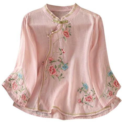 Cotton Linen Embroidered Shirt for Women UK Clearance Vintage Elegant Chinese-Style Shirts Floral Embroidery Blouses Summer 3/4 Sleeve Bohemian Tees Dressy Casual Boho Tops Y2k Streetwear Pink