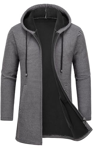 KUDMOL Herren mittellange gestreifte Kapuzen-Strickjacke mit Fleecefutter | Jacke mit Reißverschluss, legerer Freizeitschnitt und Seitentaschen, geeignet für Alltag im Herbst und Winter