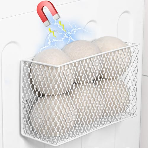 VEGEVIGI Magnetic Dryer Ball Holder For Laundry Room Organization And Storage, Metal Hanging Lint Bin Basket, Iron Mesh Dryer Ball Container Box Organizer