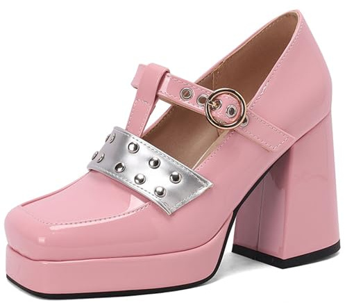 Tjocka plattformspumpar för kvinnor med 9,5 cm blockklack och 2 cm plattform – fyrkantig tå punkstil nitade T-remsandaler i PU-läder, Rosa, 35.5 EU