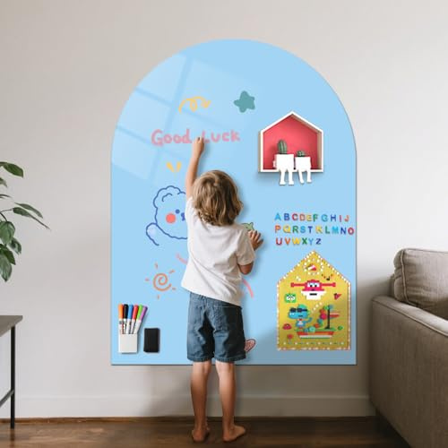 UCMD Kids Magnetic Whiteboard Chalkboard Arch, 40 x 32 - Upgraded Adhesive, Includes Dry Erase Board, Magnetic Case, 5 Water-Based Whiteboard Markers (Light Blue)