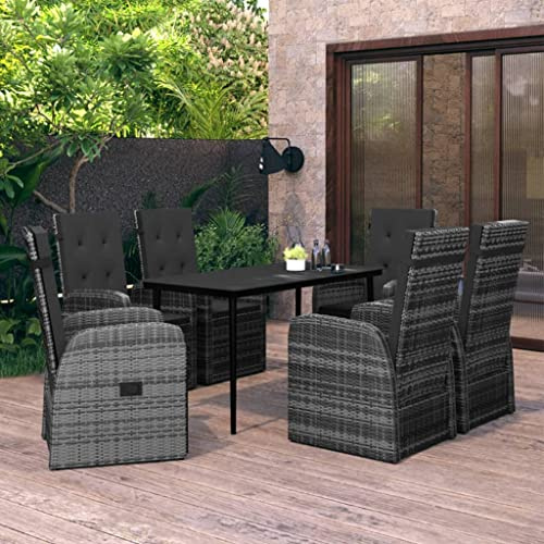 QJBSAVVA 7-TLG. Garten-Essgruppe 140x70 cm aus PE-Rattan & Stahlrahmen, klappbare Stühle mit Verstellbarer Rückenlehne, dunkelgrau für Balkon, Garten & Terrasse