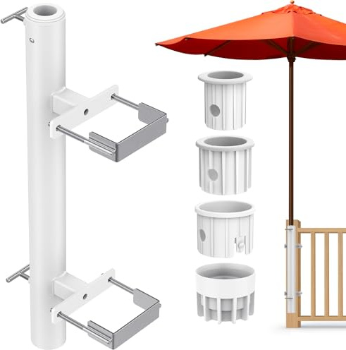 Dolibest Supports de Parasol Terrasse, Pied Parasol Pince Fixation RéGlable Balcon Parasol Jardin Conception Peu Encombrante Manchon 3tailles pour Perche 3-5cm Max 10.6x10.4cm Poteau Garde-Corps/Blanc | Réglable, mât de 3 à 5 cm, manchon réducteur, poteau de clôture de balcon, sans perçage, gain de place, parapluie rotatif