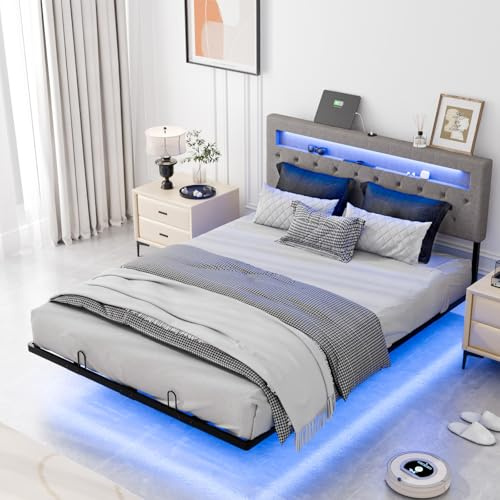 Bonnlo Polsterbett 160x200cm mit verstellbarem Kopfteil，Bettrahmen mit LED-Beleuchtung und Ladestation, Schwebebett mit Lattenrost, Leinenoptik Grau (ohne Matratze)