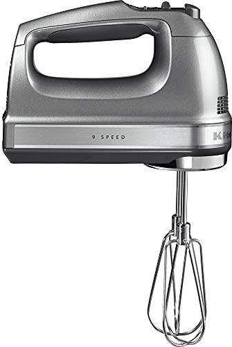 KitchenAid Batteur électrique 9 vitesses - Soft Start et écran LED - Mixeur cuisine avec fouets, fouet ballon, crochets pétrisseurs et pied mixeur - Moteur silencieux - 85 W - Argent